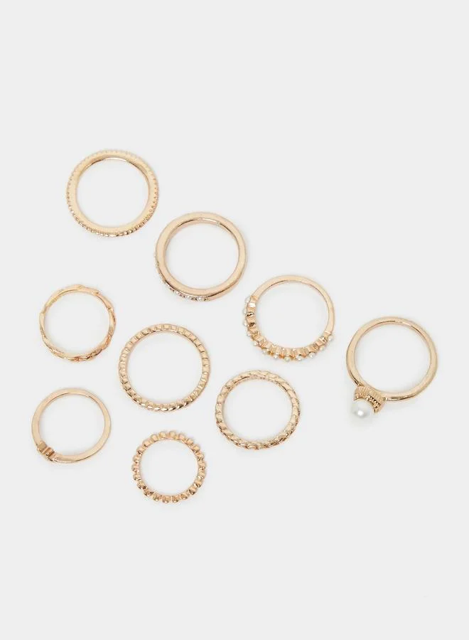 Set Of 9 - Pearl Detail Assorted Rings